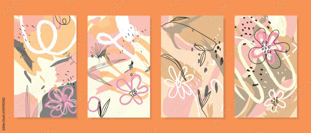 Abstract tropical background  with floral, plants, leaves hand drawn vector illustration set.