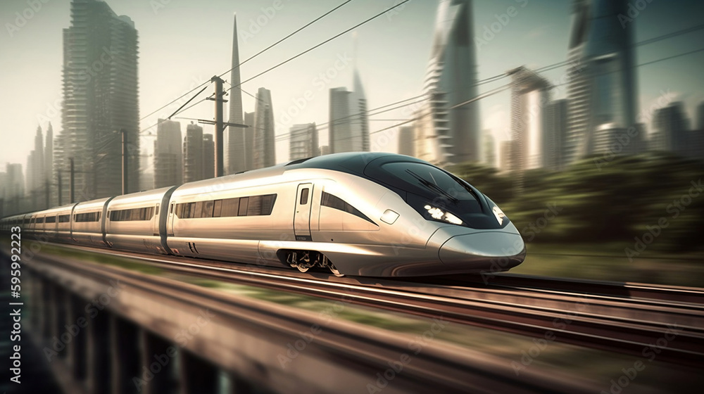 Fototapeta premium High-speed train ride with blurred cityscape in the background. created with Generative AI
