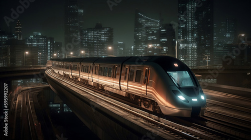 Wallpaper Mural High-speed train racing through a beautiful city at night, blurred cityscape in the background. created with Generative AI Torontodigital.ca