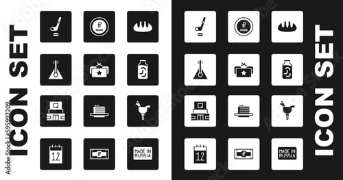 Set Bread loaf, Ushanka, Balalaika, Ice hockey stick and puck, Pickled cucumbers in jar, Rouble, ruble currency, Cockerel lollipop and Mausoleum of Lenin icon. Vector