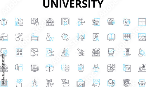 University linear icons set. Academics, Campus, Education, Student, Faculty, Research, Diversity vector symbols and line concept signs. Community,Success,Graduation illustration