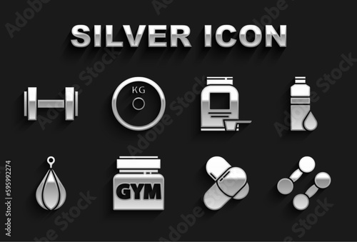 Set Sports nutrition, Fitness shaker, Dumbbell, Punching bag, and Weight plate icon. Vector