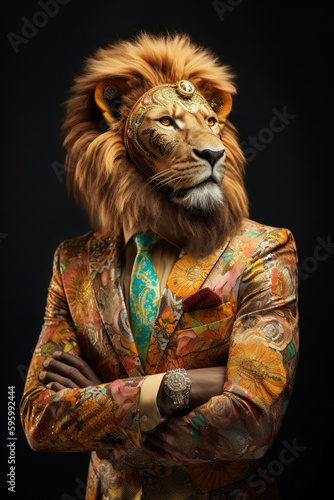 A muscular lion, rich and eccentric, donning a golden tailored suit with heterochromia iridum, stands in a misty atmosphere, embodying a super wealthy hippie vibe. , AI generated