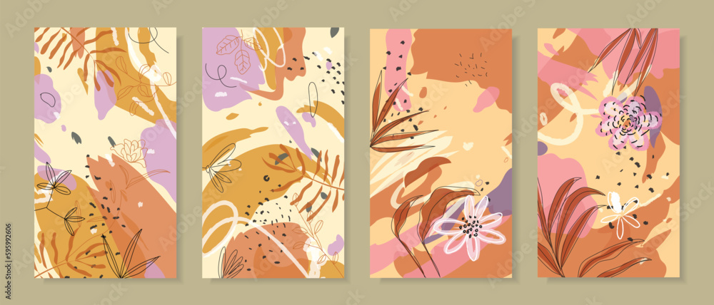Abstract tropical background  with floral, plants, leaves hand drawn vector illustration set.