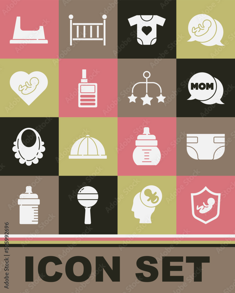 Set Baby on shield, absorbent diaper, Speech bubble mom, clothes, Monitor Walkie Talkie, inside heart, potty and crib hanging toys icon. Vector Set Baby on shield, absorbent diaper, Speech bubble mom, clothes, Monitor Walkie Talkie, inside heart, potty and crib hanging toys icon. Vector