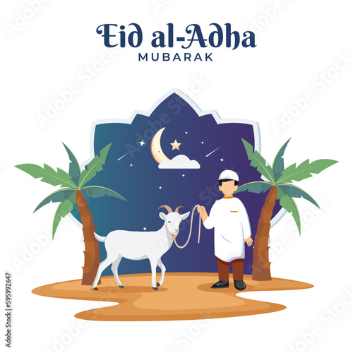 Happy Muslim family celebrates Eid Al Adha Mubarak with a goat. Flat vector template illustration