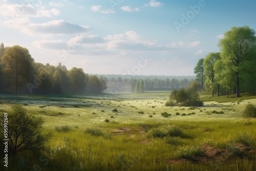 A grass-covered plain with thickets of trees and shrubs in sunny summer weather. The AI generation