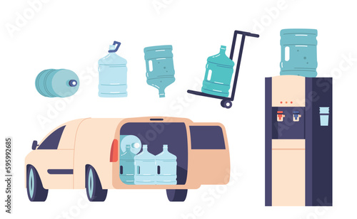 Set Of Water Delivery Service Equipment And Items. Car With Plastic Bottles, Gallon On Manual Trolley And Water Cooler