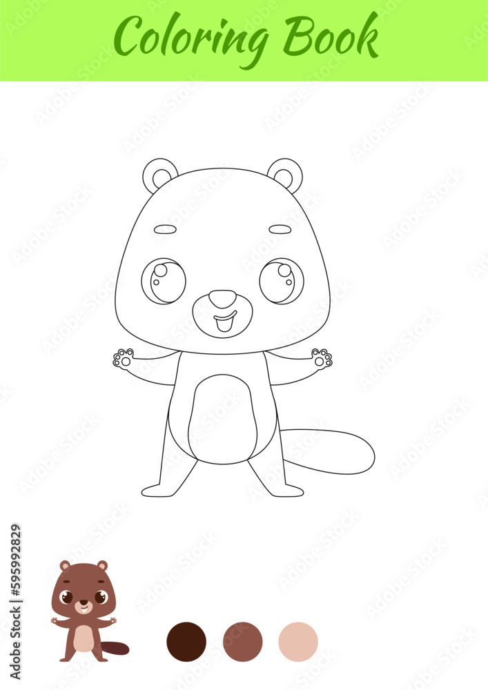 Obraz premium Coloring page happy beaver. Coloring book for kids. Educational activity for preschool years kids and toddlers with cute animal. Vector stock illustration