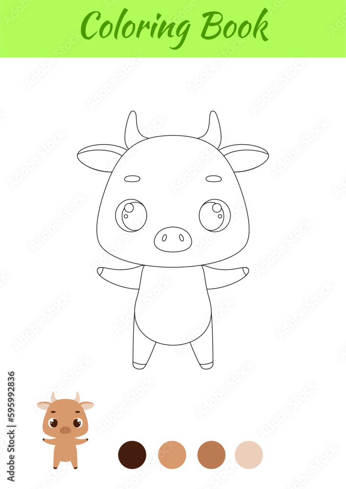 Fototapeta premium Coloring page happy bull. Coloring book for kids. Educational activity for preschool years kids and toddlers with cute animal. Vector stock illustration