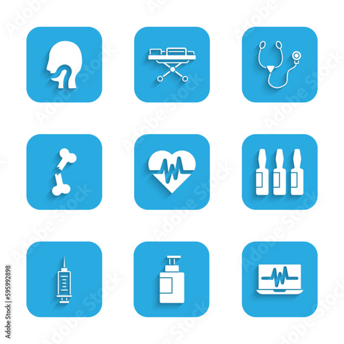 Set Heart rate, Hand sanitizer bottle, Laptop with cardiogram, Medical vial, ampoule, Syringe, Human broken bone, Stethoscope and Sore throat icon. Vector