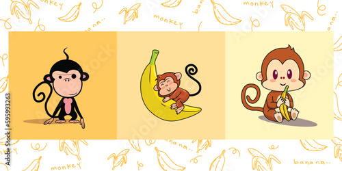 Set of funny monkey icon character vector illustration. Cute animal mascot design.