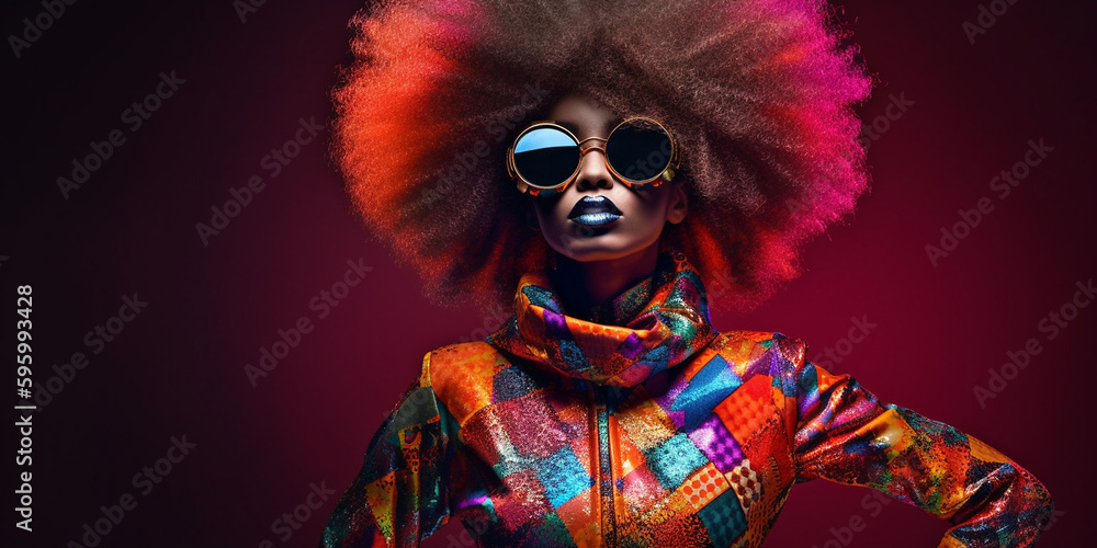 Afroamerikanische Frau in Designer Mode und poppiger bunter Haar Frisur, Gesicht Nahaufnahme im Porträt, ai generativ - obrazy, fototapety, plakaty 