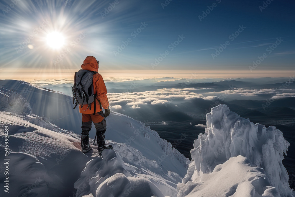 Mountaineer contemplating the landscape after having reached the top of the mountain.  Composite with different elements made with generative AI