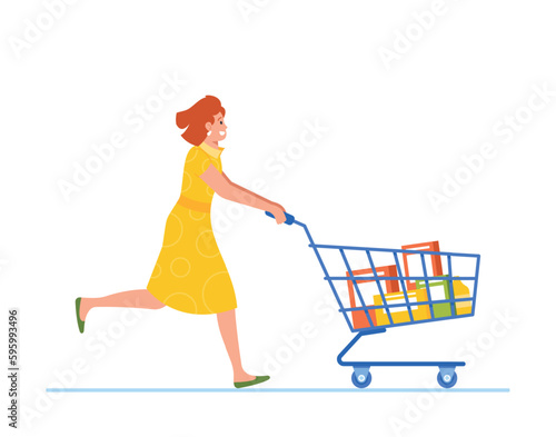 Running Woman Character Pushing Shopping Cart In A Hurry To Grab Groceries And Complete Her Errands