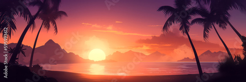 Illustration of a tropical beach at sunset. Generative AI.
