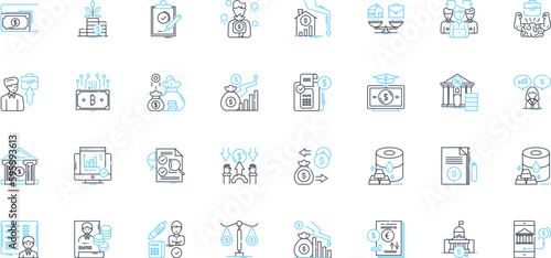 Financial management linear icons set. Budgeting, Accounting, Savings, Investment, Funding, Profits, Cashflow line vector and concept signs. Taxation,Asset,Liability outline illustrations