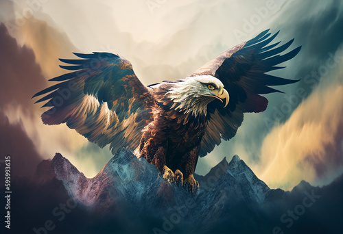 Big eagle in the clouds over the mountain range. Generating Ai photo