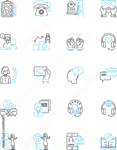 Online support linear icons set. Assistance, Helpdesk, Guidance, Solutions, Support, Counseling, Advice line vector and concept signs. Coaching,Service,Consultation outline illustrations