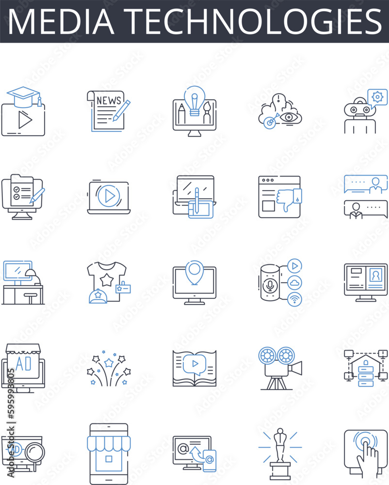 Media technologies line icons collection. Digital devices, Information systems, Communication tools, Computer programs, Technology systems, Machine intelligence, Electronic media vector and linear Media technologies line icons collection. Digital devices, Information systems, Communication tools, Computer programs, Technology systems, Machine intelligence, Electronic media vector and linear