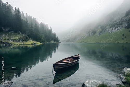 Small boat on a mountain lake. Generative AI.  © eyetronic