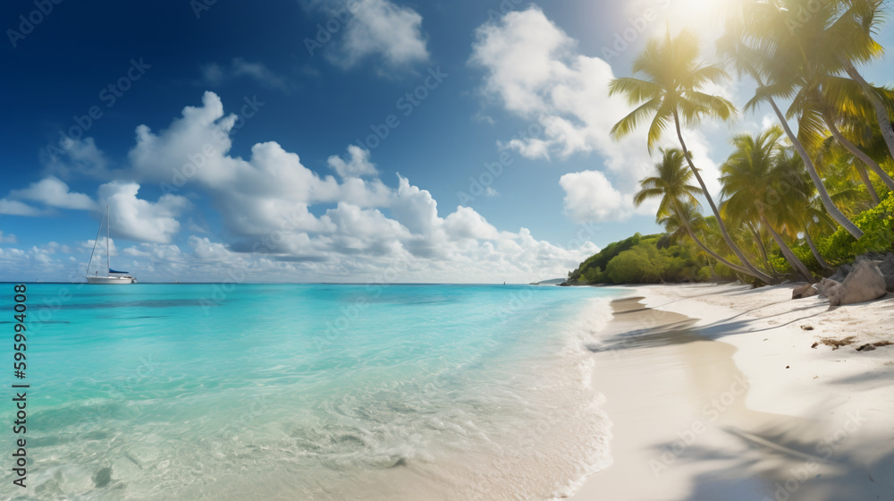 paradisiac caribbean beach with coconut trees and white sand, Travel and holidays concept. Image Generative AI..
