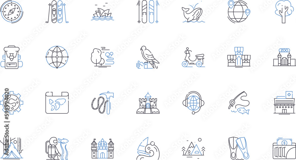 Getaway organization line icons collection. Escape, Travel, Retreat, Adventure, Relaxation, Exploration, Destinations vector and linear illustration. Accommodations,Excursions,Tours outline signs set