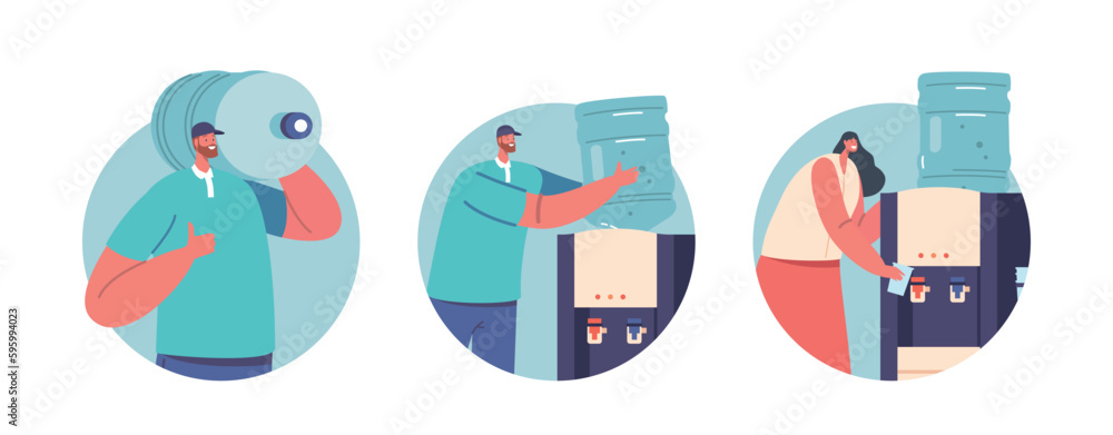 Fototapeta premium Isolated Round Icons Or Avatars With Water Delivery Company Workers Male Characters Wearing Uniform Deliver Bottles