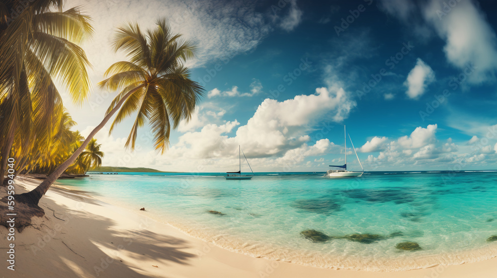 Caribbean white sand beach with palm trees. Image Generative AI.