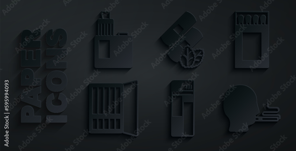 Set Lighter, Matchbox and matches, Cigarette case, Man smoking cigarette, Medical nicotine patches and Vape mod device icon. Vector Set Lighter, Matchbox and matches, Cigarette case, Man smoking cigarette, Medical nicotine patches and Vape mod device icon. Vector
