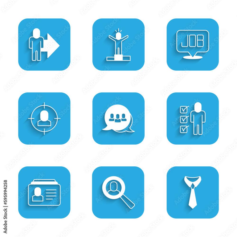 Set Project team base, Magnifying glass for search job, Tie, Resume, Head hunting, Search and Leader of of executives icon. Vector Set Project team base, Magnifying glass for search job, Tie, Resume, Head hunting, Search and Leader of of executives icon. Vector