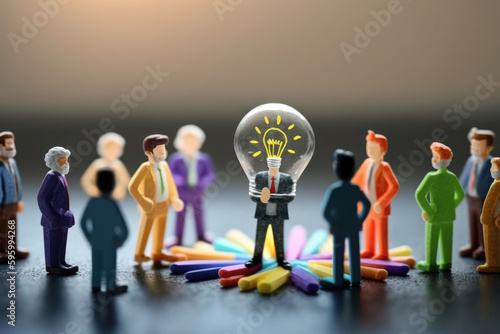 business illustration. small people characters develop creative business idea. Isometric big light bulb as metaphor idea. Graphics design Generative AI