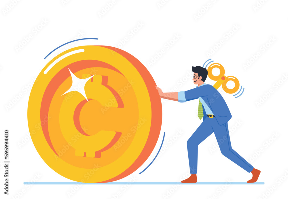 Clockwork Toy Business Employee Character Rolling Huge Golden Coin, Representing The Desire For Wealth And Success Clockwork Toy Business Employee Character Rolling Huge Golden Coin, Representing The Desire For Wealth And Success