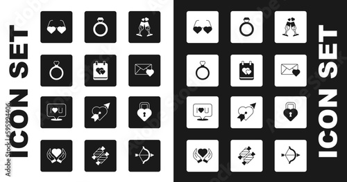 Set Glass of champagne, Calendar with heart, Wedding rings, Heart shaped love glasses, Envelope Valentine, Castle the and Speech bubble text I you icon. Vector