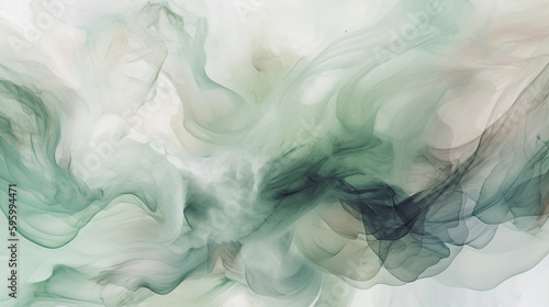 Flowing liquid sage green smoke. Drops of pastel paint in water. Trendy fluid banner. Modern macro abstract background illustration, ink in water effect. Generative AI