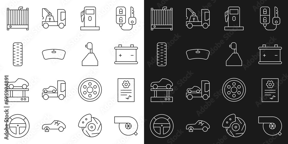 Set line Automotive turbocharger, service check automotive, Car battery, Petrol or Gas station, Windshield, tire wheel, radiator cooling system and Gear shifter icon. Vector