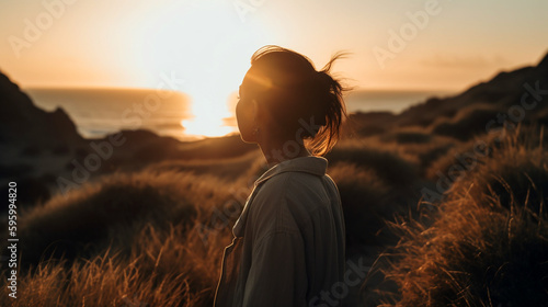 Rear view of a  woman standing at coast and watching the sunset. Generative Ai