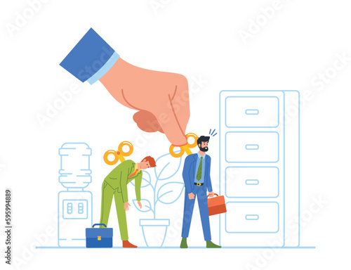 Huge Hand Of Boss Using Metal Lock To Force Employee To Work. Office Worker Characters Are Puppets Of Manager