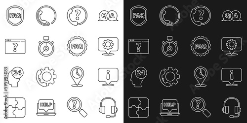 Set line Headphones, Information, Location with gear, Telephone 24 hours support, Stopwatch, Browser question mark, Shield text FAQ and Label icon. Vector