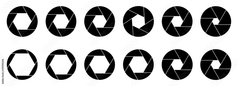 Black camera lens icon collection. Set of camera lens icons - obrazy, fototapety, plakaty 