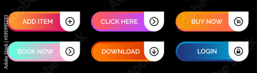 Web buttons collection. Different app button collection. Click here, login, buy now