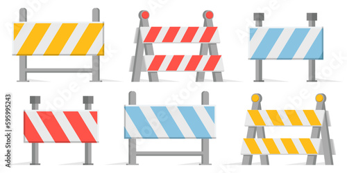 Construction warning fence collection in a flat design. Under construction road barrier