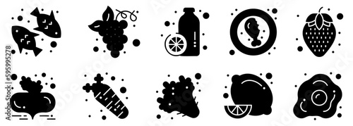 Black food icons collection. Set of black foodstuff icons