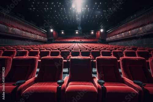 Vacant red cinema seats. Comfortable armchairs in theater. Rows of empty chairs. Generative AI