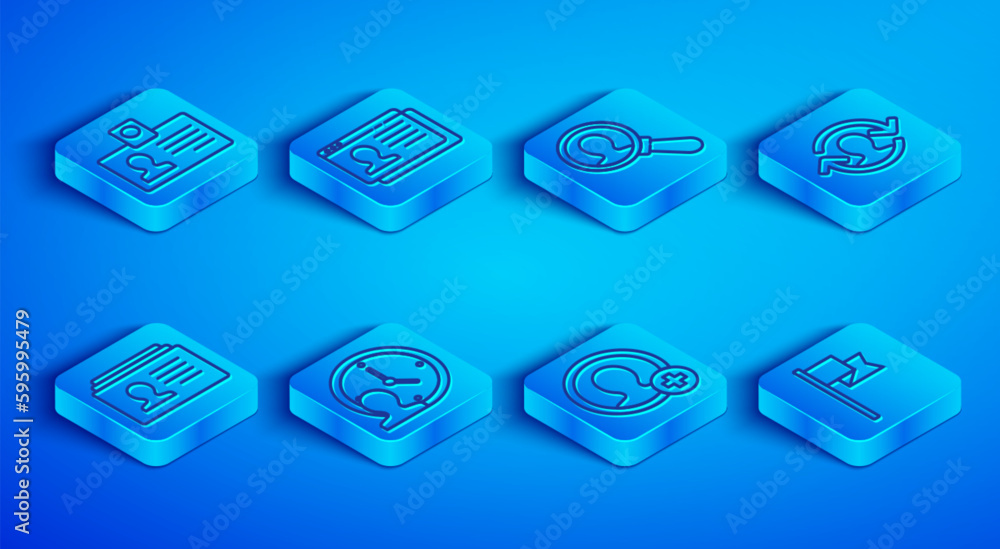 Set line Identification badge, Resume, Magnifying glass for search, Time Management, Create account screen, Human resources, and Location marker icon. Vector Set line Identification badge, Resume, Magnifying glass for search, Time Management, Create account screen, Human resources, and Location marker icon. Vector