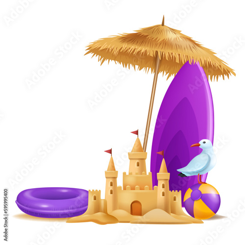 3D sand castle vector illustration, summer beach building tower clipart, sun umbrella, surfboard. Kids cartoon toy architecture, seashore holiday vacation game, cartoon house. Sand castle sculpture