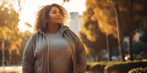 close up of Big Beautiful Woman walking in the parking  wearing exercise clothes. early morning lighting, generative AI  photo