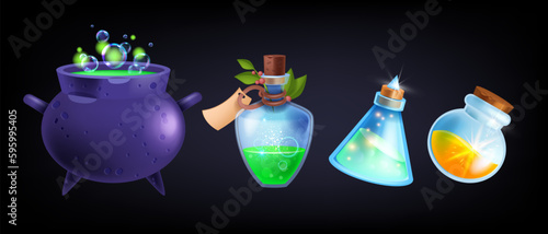 Game potion bottle set, vector cartoon magic antidote, witch medicine UI glass flask, boil cauldron. Alchemic fantasy icon kit, liquid fairy elixir, Halloween spooky drink. Potion bottle illustration