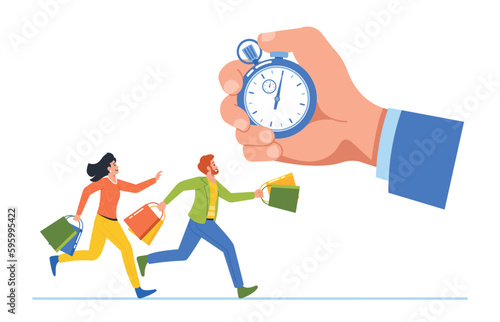 Shoppers Rush Through The Supermarket, Character Eagerly Grabbing Discounted Products During The Limited Time Sale