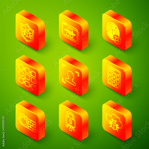 Set line System bug, Browser incognito window, Cancelled fingerprint, Graphic password protection, Face recognition, Password, Firewall, security wall and Cyber icon. Vector